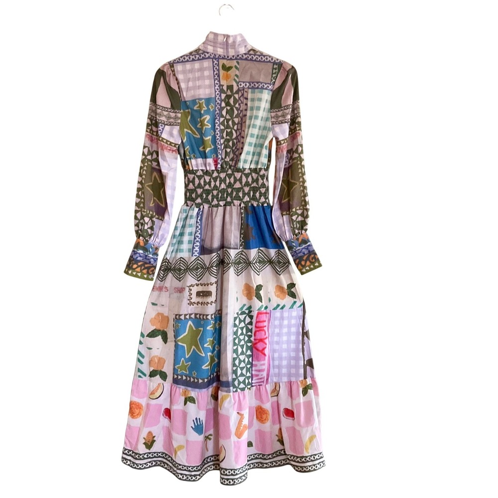 Women's Multi-Color Patchwork Maxi Dress - Long Sleeve - Picture 12 of 16
